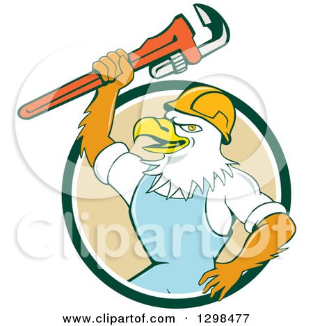 Clipart of a Cartoon Bald Eagle Plumber Man Holding up a Monkey Wrench in a Green White and Tan Circle - Royalty Free Vector Illustration by patrimonio