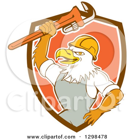 Clipart of a Cartoon Bald Eagle Plumber Man Holding up a Monkey Wrench in a Brown White and Orange Shield - Royalty Free Vector Illustration by patrimonio