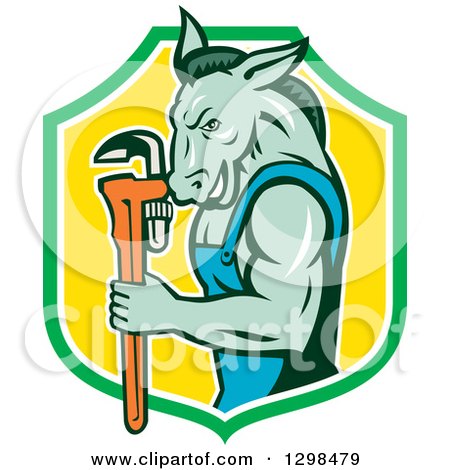Clipart of a Cartoon Muscular Donkey Man Plumber Holding a Monkey Wrench in a Green White and Yellow Shield - Royalty Free Vector Illustration by patrimonio
