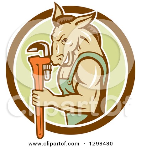 Clipart of a Retro Cartoon Muscular Donkey Man Plumber Holding a Monkey Wrench in a Brown White and Green Circle - Royalty Free Vector Illustration by patrimonio