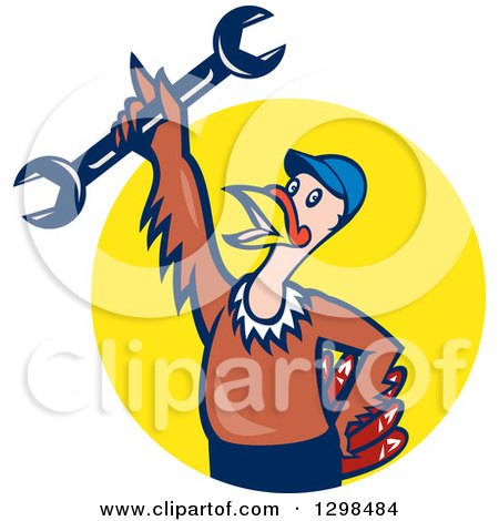 Clipart of a Cartoon Turkey Bird Worker Mechanic Man Holding up a Wrench and Emerging from a Yellow Circle - Royalty Free Vector Illustration by patrimonio