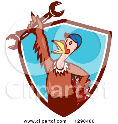 Clipart of a Cartoon Turkey Bird Worker Mechanic Man Holding up a Wrench in a Brown White and Blue Shield - Royalty Free Vector Illustration by patrimonio