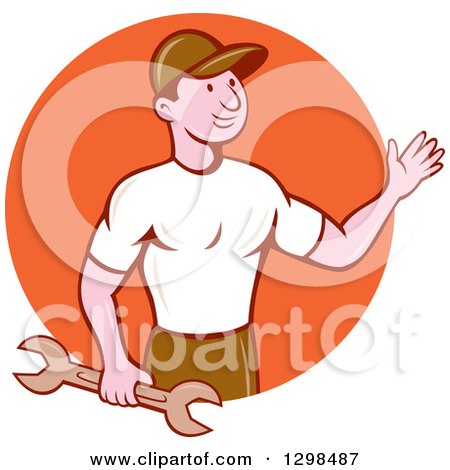 Clipart of a Retro Cartoon Male Mechanic Holding a Wrench and Waving in an Orange Circle - Royalty Free Vector Illustration by patrimonio