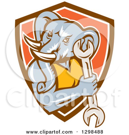 Clipart of a Retro Woodcut Muscular Elephant Man Mechanic Holding a Wrench in Brown White and Orange Shield - Royalty Free Vector Illustration by patrimonio