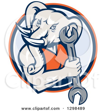 Clipart of a Retro Woodcut Muscular Elephant Man Mechanic Holding a Wrench in an Orange Blue and White Circle - Royalty Free Vector Illustration by patrimonio