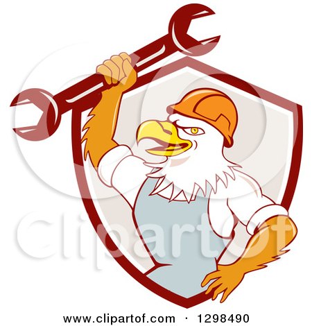 Clipart of a Cartoon Bald Eagle Mechanic Man Holding up a Wrench in a Maroon White and Taupe Shield - Royalty Free Vector Illustration by patrimonio