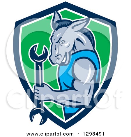 Clipart of a Cartoon Muscular Donkey Man Mechanic Holding a Wrench in a Blue White and Green Shield - Royalty Free Vector Illustration by patrimonio