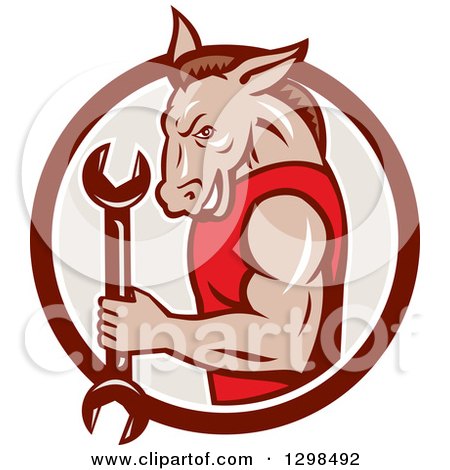 Clipart of a Retro Cartoon Muscular Donkey Man Mechanic Holding a Wrench in a Maroon White and Taupe Circle - Royalty Free Vector Illustration by patrimonio