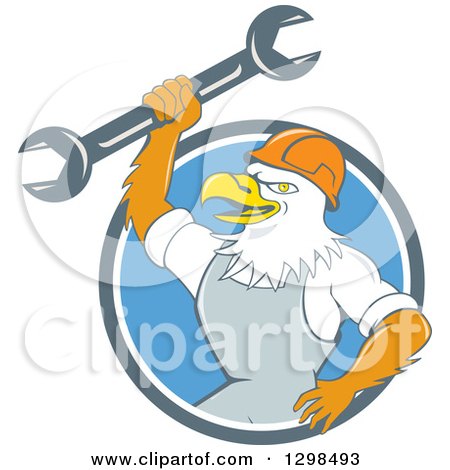 Clipart of a Cartoon Bald Eagle Mechanic Man Holding up a Wrench in a Blue and White Circle - Royalty Free Vector Illustration by patrimonio