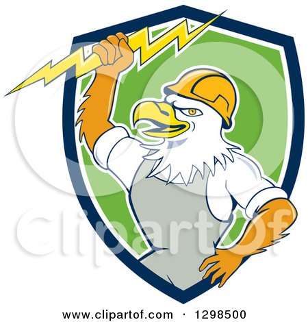 Clipart of a Cartoon Bald Eagle Electrician Man Holding a Bolt in a Blue White and Green Shield - Royalty Free Vector Illustration by patrimonio