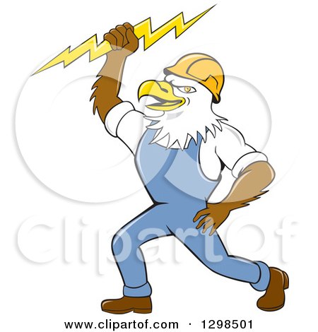 Clipart of a Cartoon Bald Eagle Electrician Man Holding a Bolt - Royalty Free Vector Illustration by patrimonio