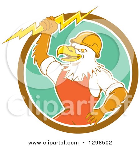Clipart of a Cartoon Bald Eagle Electrician Man Holding a Bolt in a Brown White and Turquoise Circle - Royalty Free Vector Illustration by patrimonio