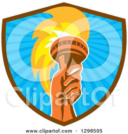 Clipart of a Red Hand Holding up a Torch in a Brown and Blue Ray Shield - Royalty Free Vector Illustration by patrimonio