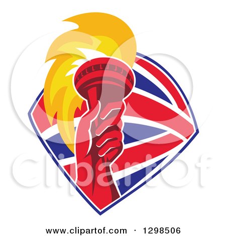 Clipart of a Red Hand Holding up a Torch in a British Flag Shield - Royalty Free Vector Illustration by patrimonio