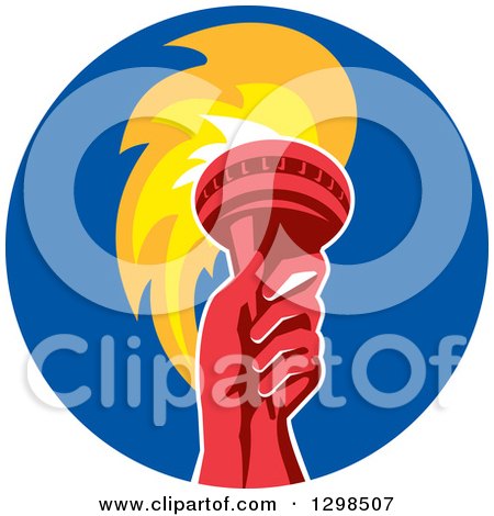 Clipart of a Red Hand Holding up a Torch in a Blue Circle - Royalty Free Vector Illustration by patrimonio