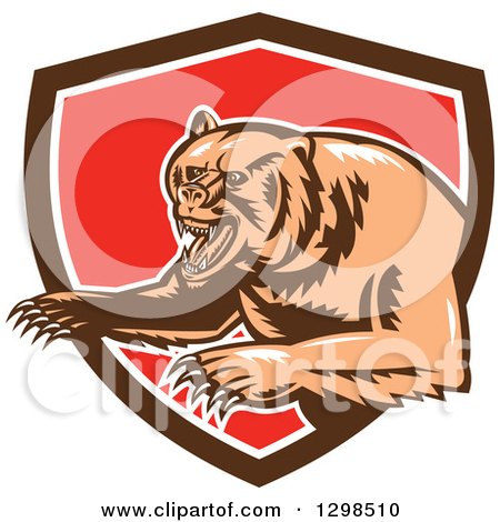 Clipart of a Retro Woodcut Vicious Grizzly Bear Emerging from a Brown White and Red Shield - Royalty Free Vector Illustration by patrimonio