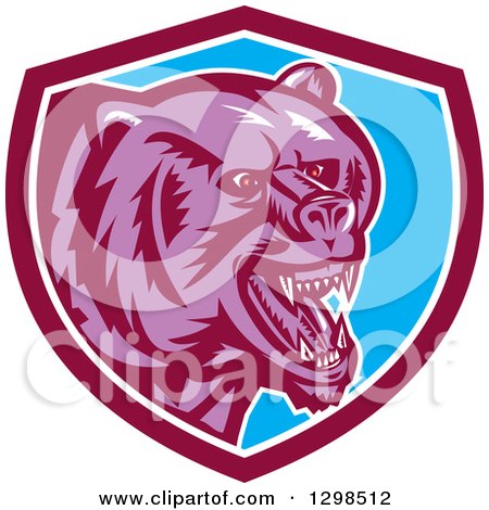 Clipart of a Retro Woodcut Red Eyed Purple Vicious Grizzly Bear in a Maroon White and Blue Shield - Royalty Free Vector Illustration by patrimonio