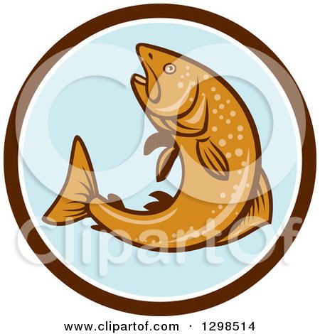 Clipart of a Retro Rainbow Trout Fish Jumping in a Brown White and Blue Circle - Royalty Free Vector Illustration by patrimonio