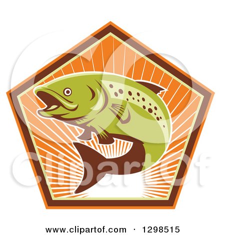 Clipart of a Retro Leaping Trout Fish in a Pentagon of Sunshine - Royalty Free Vector Illustration by patrimonio