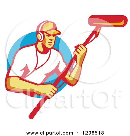 Clipart of a Retro White Male Film Crew Sound Man Emerging from a Blue Circle - Royalty Free Vector Illustration by patrimonio