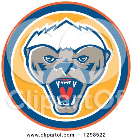 Clipart of a Retro Angry Honey Badger in an Orange Blue White and Yellow Circle - Royalty Free Vector Illustration by patrimonio