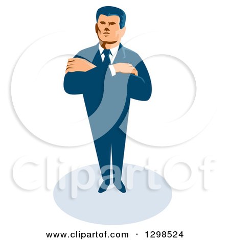 Clipart of a Retro White Male Secret Agent Standing with Folded Arms - Royalty Free Vector Illustration by patrimonio