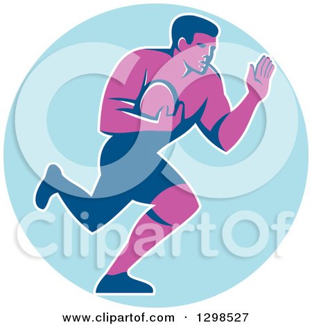 Clipart of a Retro Male Rugby Player Running and Fending in a Blue Circle - Royalty Free Vector Illustration by patrimonio