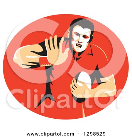 Clipart of a Retro Male Rugby Player Fending in a Red Oval - Royalty Free Vector Illustration by patrimonio