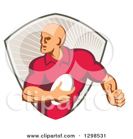 Clipart of a Retro Male Rugby Player Running in a Taupe Ray Shield - Royalty Free Vector Illustration by patrimonio