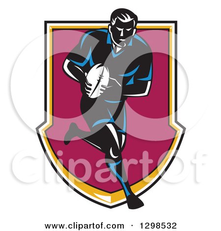 Clipart of a Retro Male Rugby Player Running and Passing in a Shield - Royalty Free Vector Illustration by patrimonio