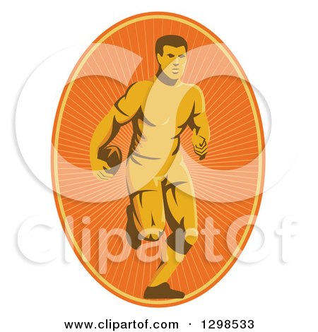 Clipart of a Retro Male Rugby Player Running in an Orange Sunshine Oval - Royalty Free Vector Illustration by patrimonio