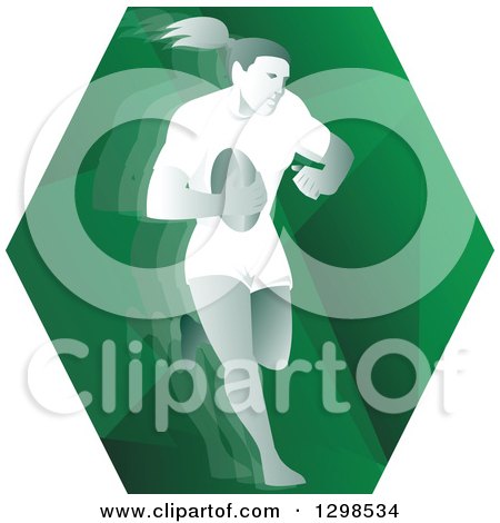 Clipart of a Retro Female Rugby Player Running in a Green Hexagon - Royalty Free Vector Illustration by patrimonio