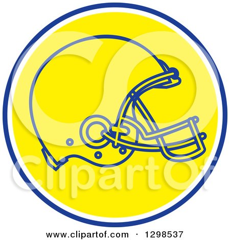 Clipart of a Football Helmet in a Blue White and Yellow Circle - Royalty Free Vector Illustration by patrimonio