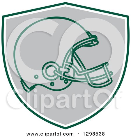 Clipart of a Football Helmet in a Green White and Gray Shield - Royalty Free Vector Illustration by patrimonio