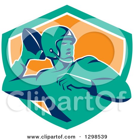 Clipart of a Retro Male American Football Player Throwing in a Turquoise White and Orange Shield - Royalty Free Vector Illustration by patrimonio