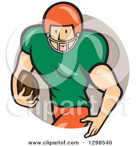 Clipart of a Cartoon White Male American Football Runningback Player Emerging from a Taupe Circle - Royalty Free Vector Illustration by patrimonio