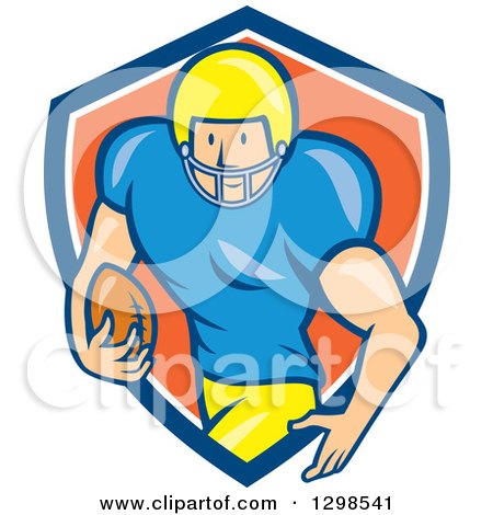 Clipart of a Cartoon White Male American Football Runningback Player Emerging from a Blue White and Orange Shield - Royalty Free Vector Illustration by patrimonio