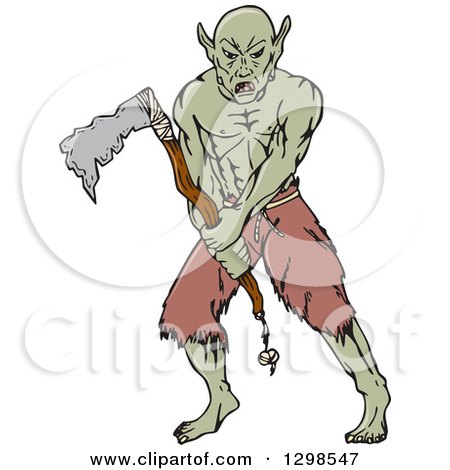 Clipart of a Cartoon Orc Fighting with a Tomahawk - Royalty Free Vector Illustration by patrimonio