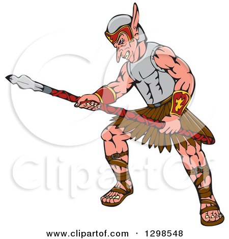 Clipart of a Cartoon Orc Warrior Thrusting a Spear - Royalty Free Vector Illustration by patrimonio