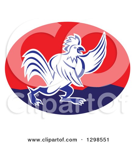 Clipart of a Retro Angry Pointing Rooster in a Red and Blue Oval - Royalty Free Vector Illustration by patrimonio