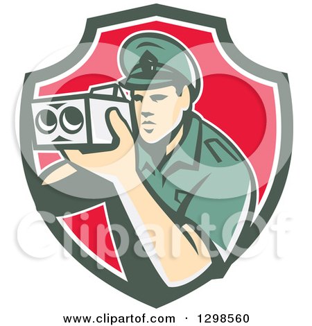 Clipart of a Retro White Male Police Officer Using a Speed Radar Camara in Green White and Red Shield - Royalty Free Vector Illustration by patrimonio