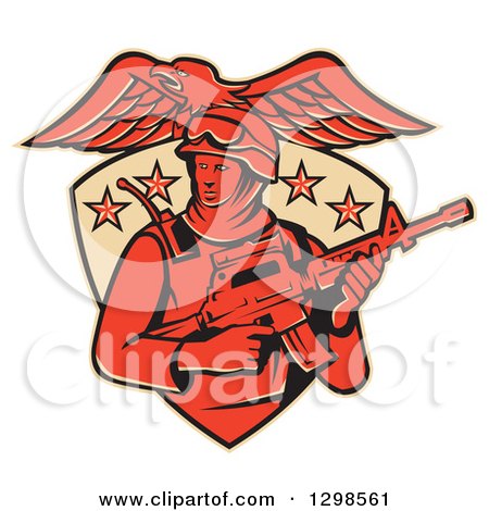 Clipart of a Red American Solder Swat Police Man with a M4 Carbine Rifle and Eagle in a Shield - Royalty Free Vector Illustration by patrimonio