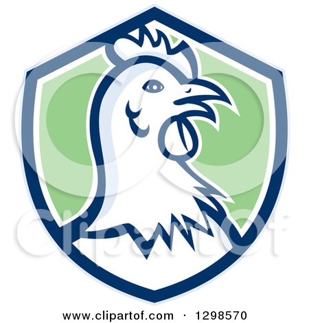 Clipart of a Retro Chicken Hen Head in a Blue White and Green Shield - Royalty Free Vector Illustration by patrimonio