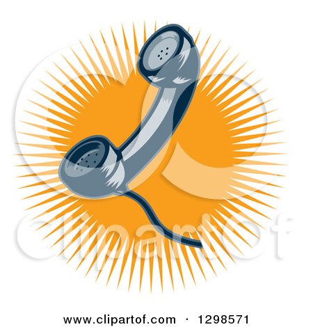 Clipart of a Retro Woodcut Telephone Receiver over an Orange Burst - Royalty Free Vector Illustration by patrimonio