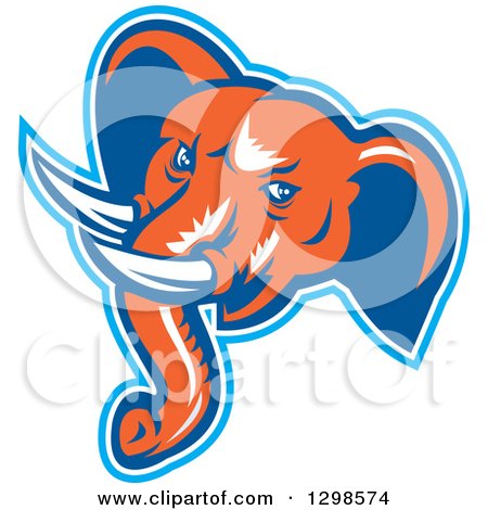 Clipart of a Retro Woodcut Angry Elephant Head in Blue White and Orange - Royalty Free Vector Illustration by patrimonio