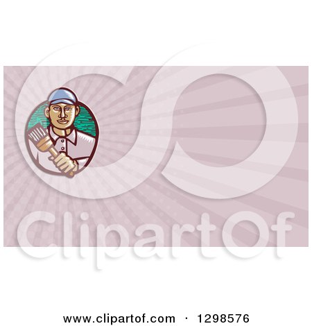 Clipart of a Retro Woodcut Male Hispanic Painter Holding a Brush and Purple Rays Background or Business Card Design - Royalty Free Illustration by patrimonio