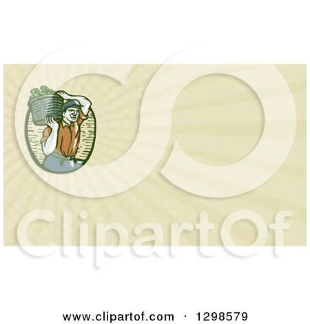 Clipart of a Retro Woodcut Male Farmer Carrying a Basket of Harvest Vegetables on His Shoulder and Pastel Green Rays Background or Business Card Design - Royalty Free Illustration by patrimonio