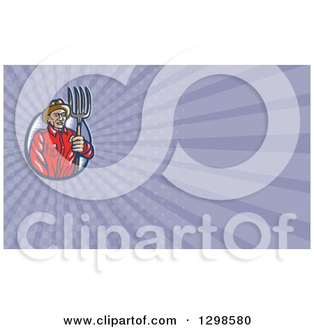 Clipart of a Retro Woodcut Male Farmer Holding a Pitchfork and Purple Rays Background or Business Card Design - Royalty Free Illustration by patrimonio