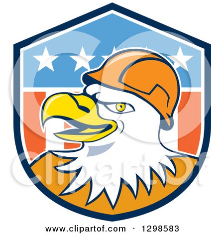 Clipart of a Cartoon Bald Eagle Construction Worker Wearing a Hardhat in an American Shield - Royalty Free Vector Illustration by patrimonio