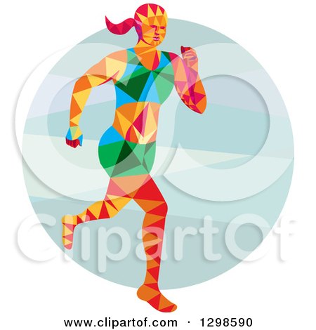 Clipart of a Low Poly Female Marathon Runner over a Circle - Royalty Free Vector Illustration by patrimonio